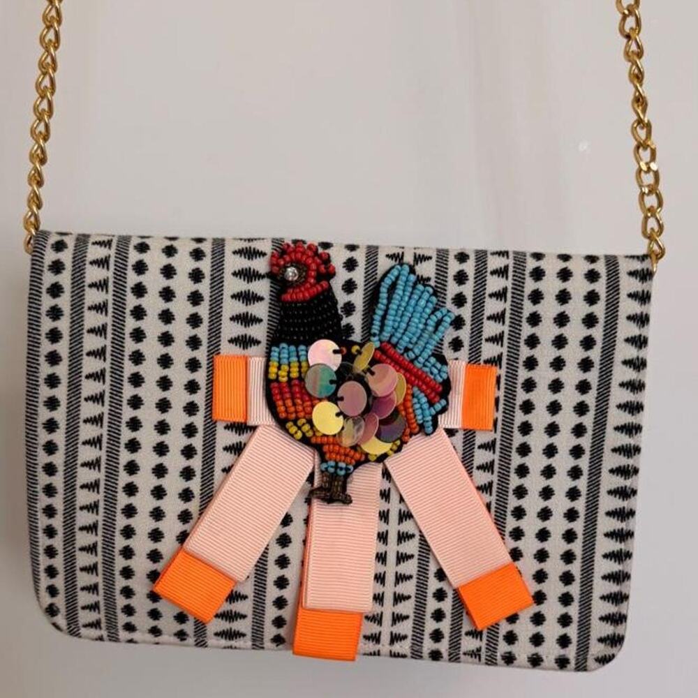 Black & White Crossbody Bag with Rooster Applique